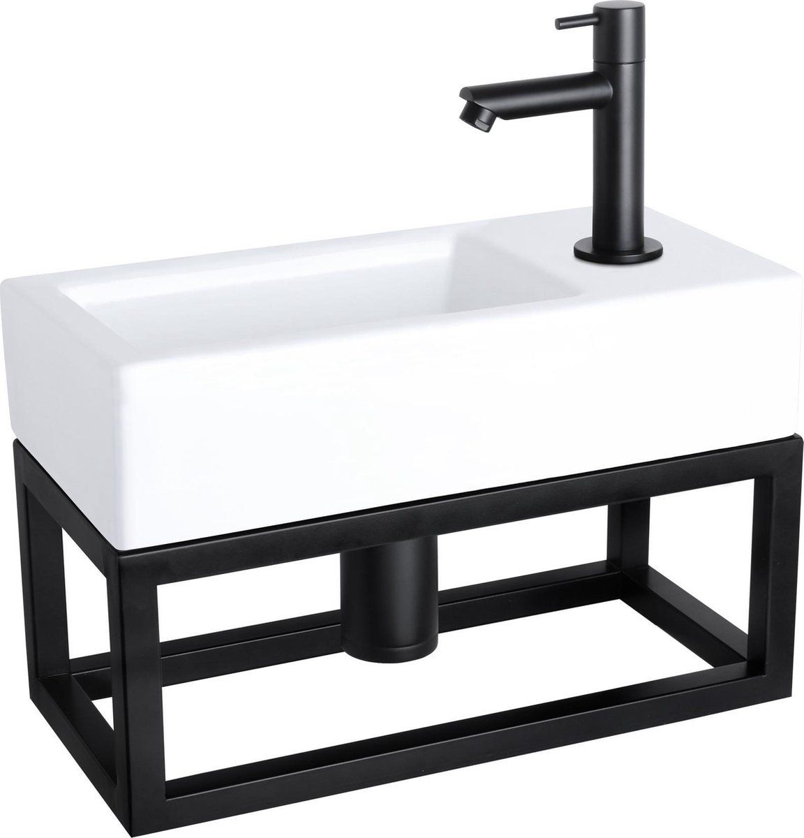 Differnz Ravo Fonteinset - Keramiek Wasbak Met Kraan En Handdoekrek - Mat Zwart - 38.5 X 18.5 X 9.5 Cm