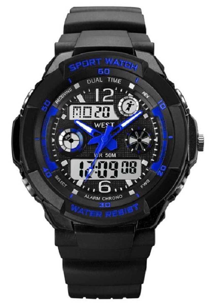 West Watches Model Storm - Kinderhorloge - Analoog Digitaal - Shockproof - Blauw -Ø 41 Mm