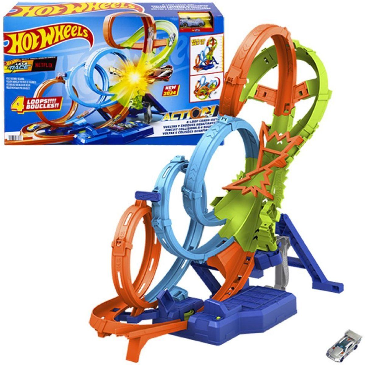 Hot Wheels HXR70 - Actie Crashzone Baanset - 4 Loopings en Crashzone - Multicolor