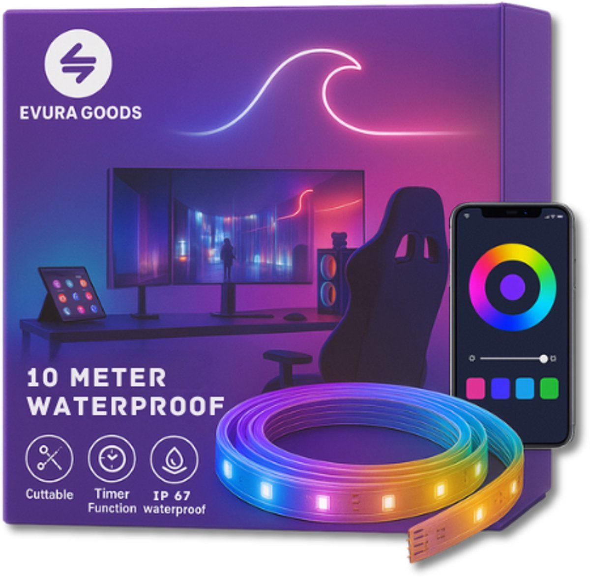 Evura Goods - Led Strip 10 Meter - Waterproof IP65 - Rgb - Met Afstandsbediening&app - Dimbaar - Tuinverlichting - Binnenverlichting