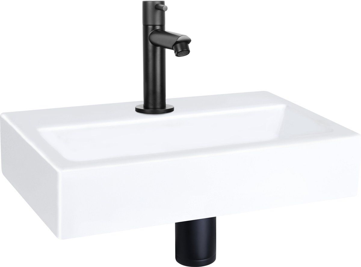 Differnz Flat Fonteinset - 38x24x8cm - Rechthoek - 1 Kraangat - Recht Matte Zwarte Kraan - Keramiek Wit