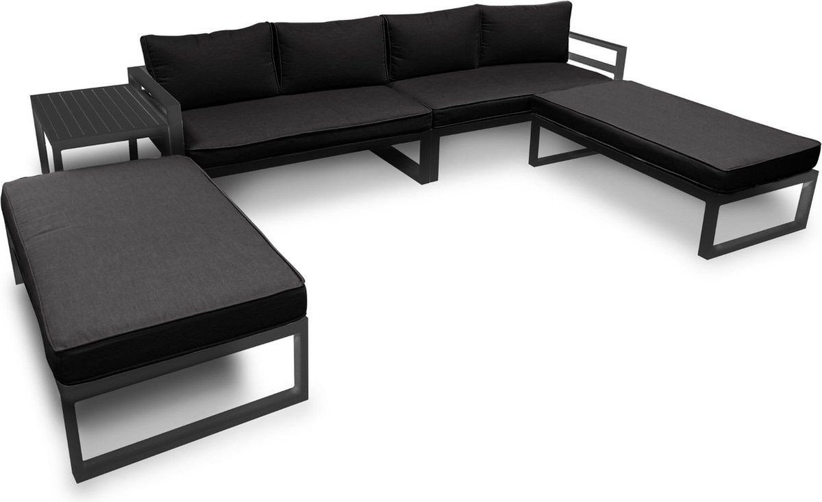 Perel Loungeset aluminium, 8-zits tuinset, lounge voor buiten, met bijzettafel, zitkussens, rugkussens, voor tuin, terras en balkon, weerbestendig aluminium frame, zwart