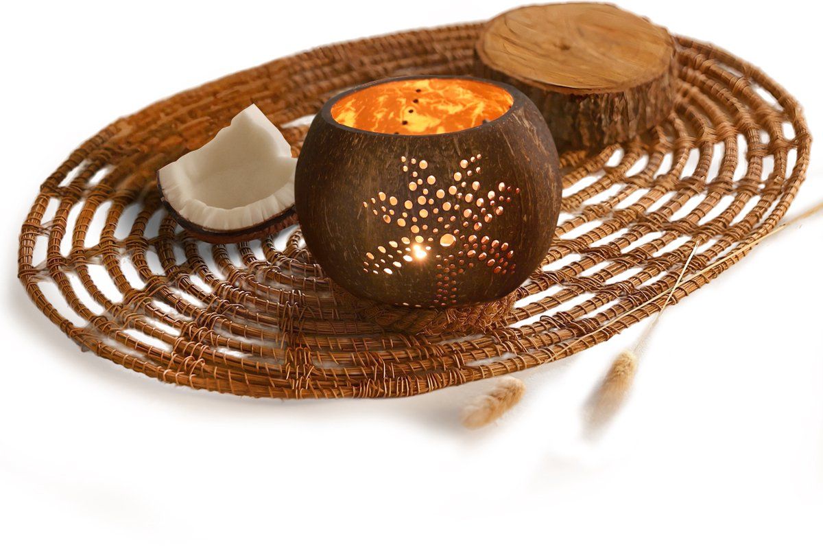 Namture 2 Kokosnoot Waxinelichthouders - Theelichthouders - Kaarsenhouder - Diameter 13 Cm - Hoogte 10 Cm - 100% Natuurlijk - Duurzaam