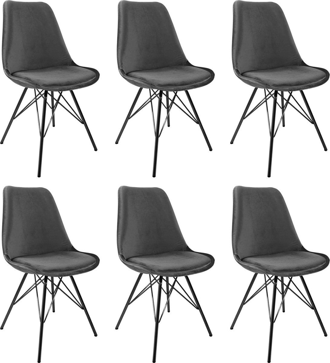 Kick Kuipstoel Velvet Donkergrijs - Zwart Frame - Set Van 6
