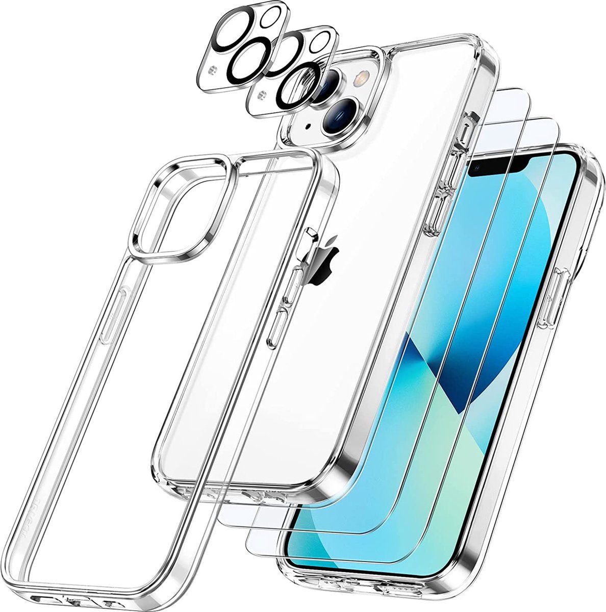 Podec IPhone 13 Mini - Hoesje Transparant - Inclusief 2x Screenprotector En 2x Cameraprotector (2 Stuks)