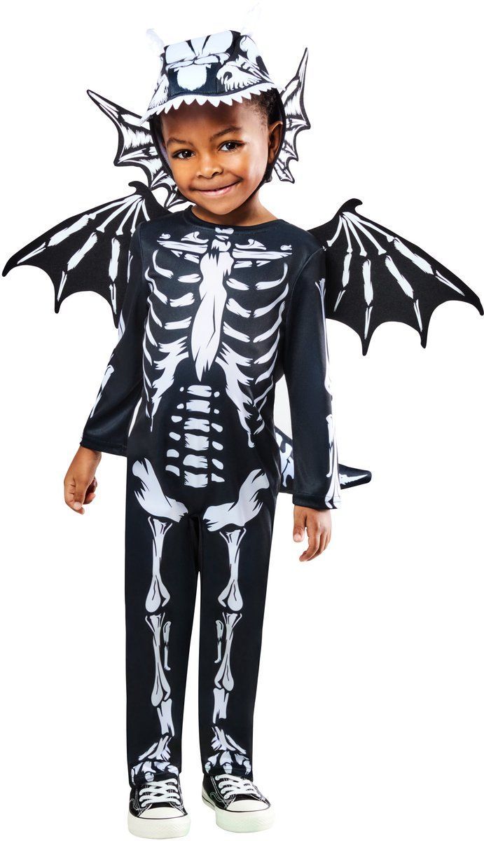 Rubies Skeleton Dragon Kinderkostuum - Jumpsuit Met Kopstuk Vleugels En Staart - Maat 3-4 Jaar (104)