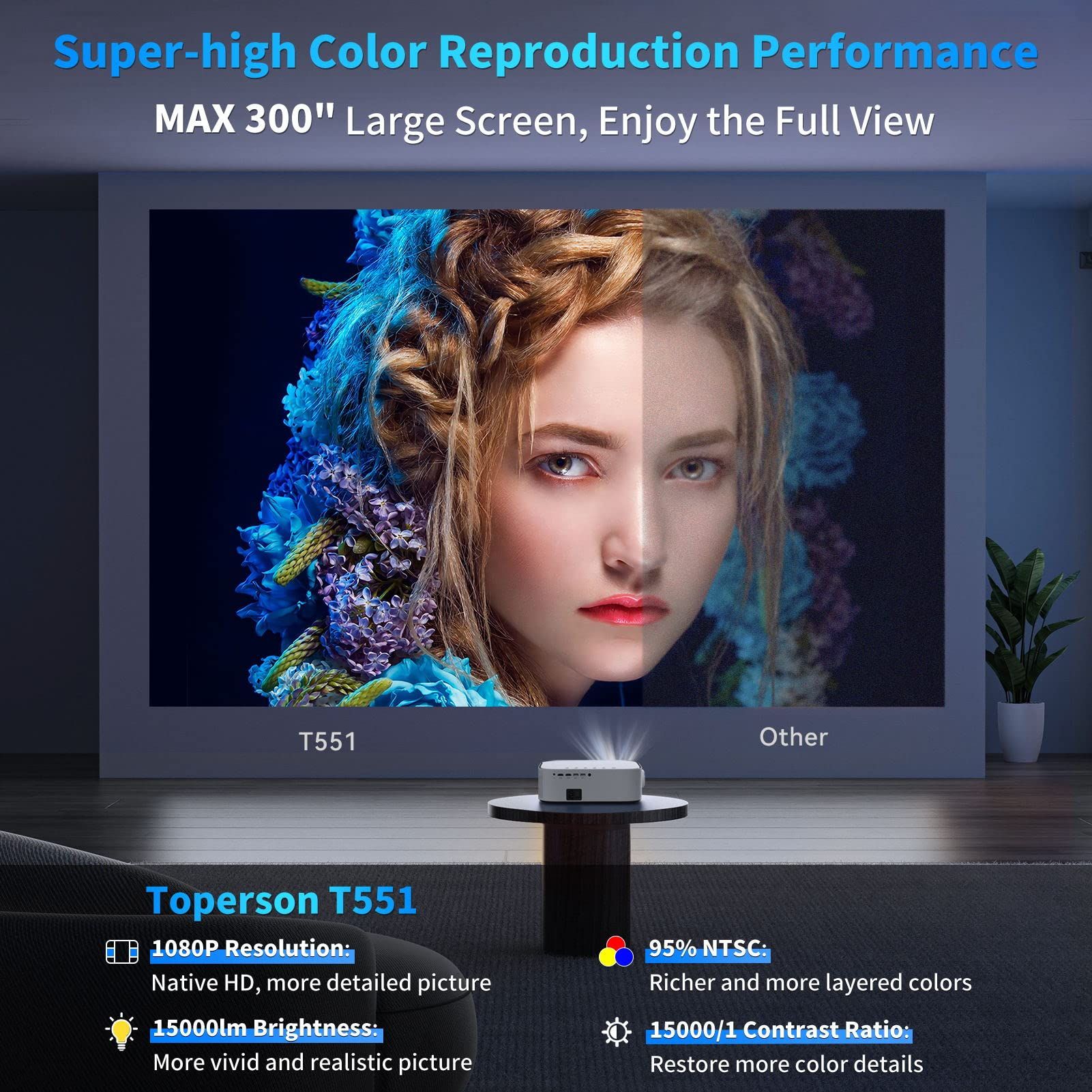 1080p beamer, wifi bluetooth beamer,Beamer met Dolby, 500 ANSI lumen, 4K Beamer