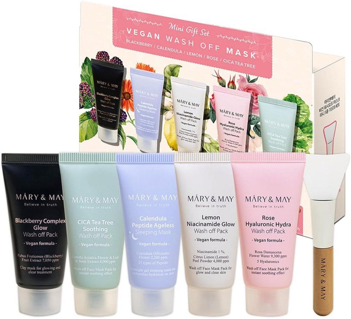 Mary&May - Vegan Wash Off Mask Mini Gift Set - 5 Maskers + Borstel (6 Stuks)