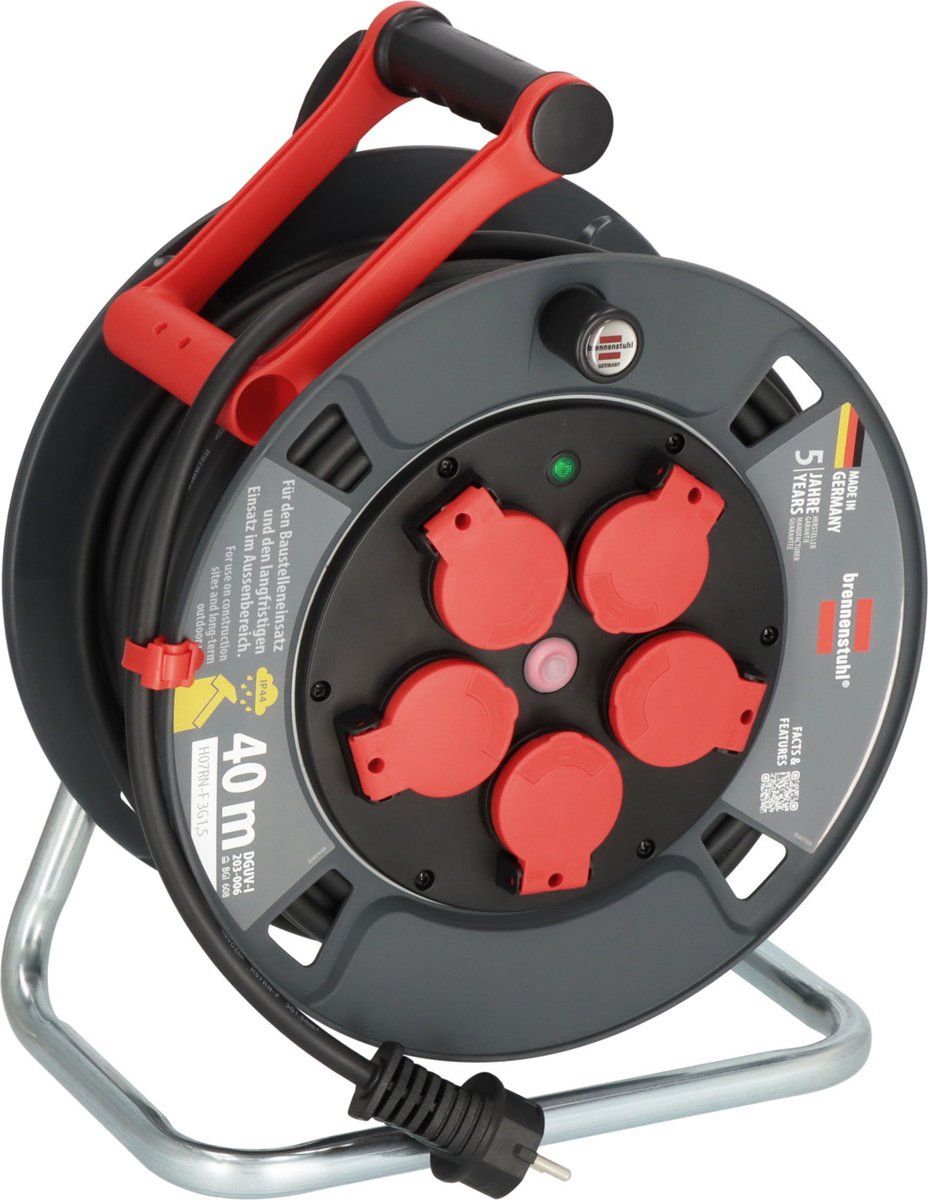 Brennenstuhl Professional 300 Ku 4100 - Kabelhaspel 40m - 5 Spatwaterdichte Contactdozen - Zwart