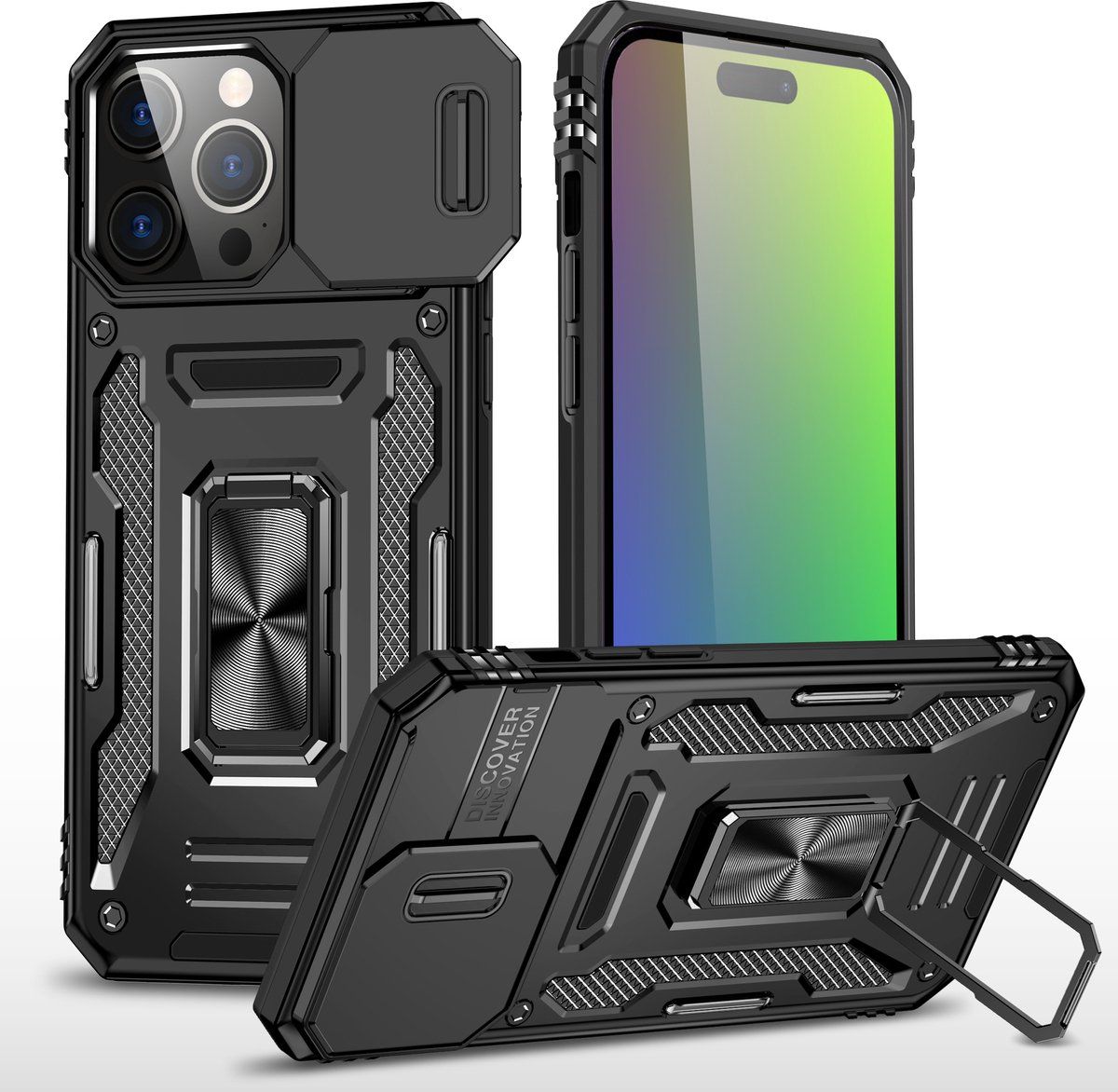 Podec IPhone 15 Pro Max - Telefoonhoesje - Anti-Shock Case Met Kickstand Ring En Screenprotector - Zwart