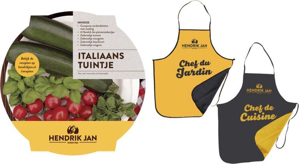 Hendrik Jan maaltijdtuintje Italië - Kweekpakket met tomaat courgette basilicum oregano - Tuinschort