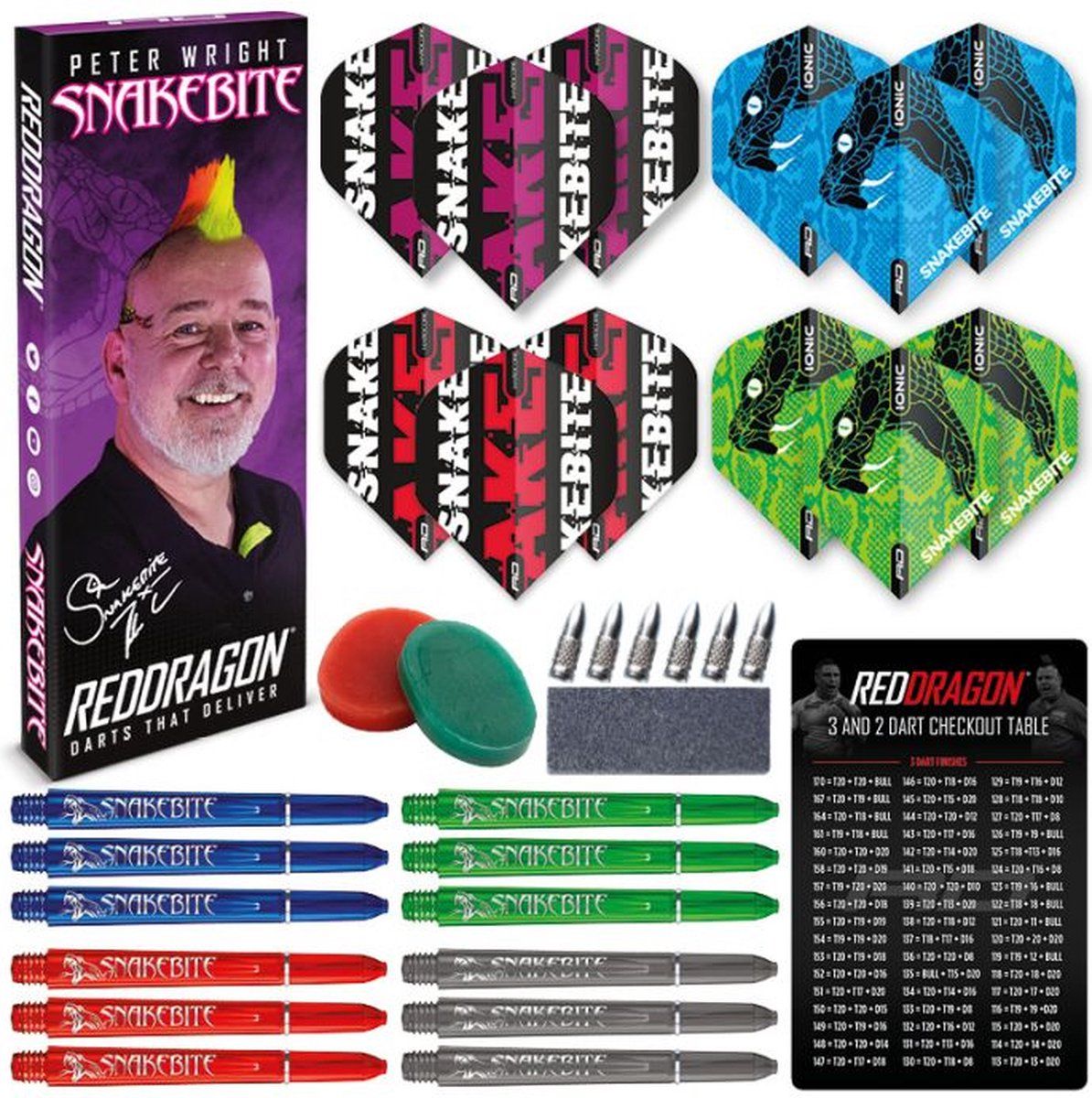 Peter Wright - Accessory Pack - 4 sets Snakebite flights 4 sets nylon ring grip shafts