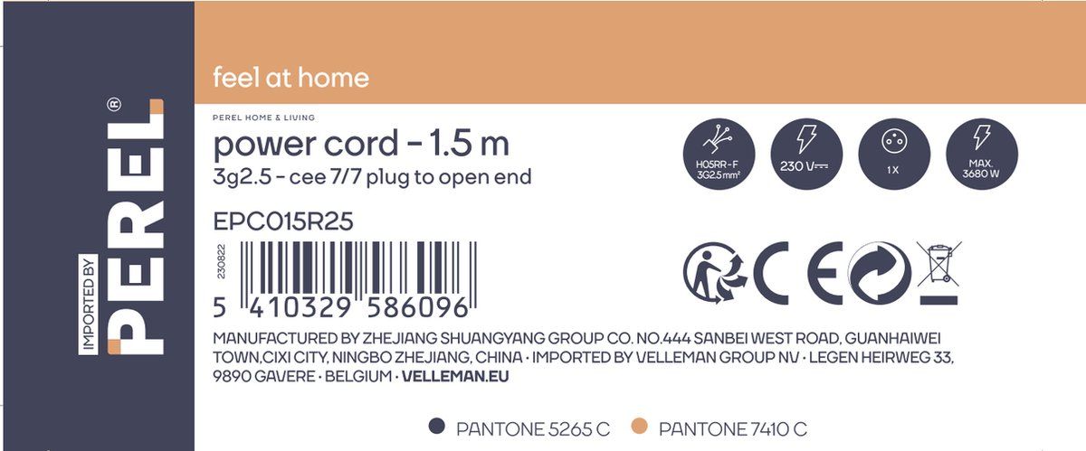 Perel Voedingskabel H05RR-F 3G2.5 - 1.5 m 10 A 230 V 3680 W type E/F - zwart