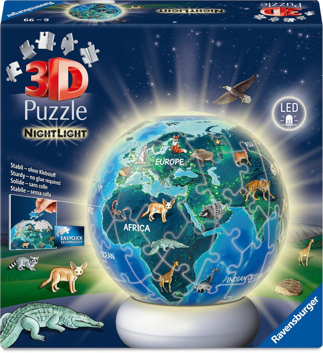 Ravensburger Aarde Met Diermotieven - 3D Puzzle-Ball Nachtlicht - 73 Stukjes