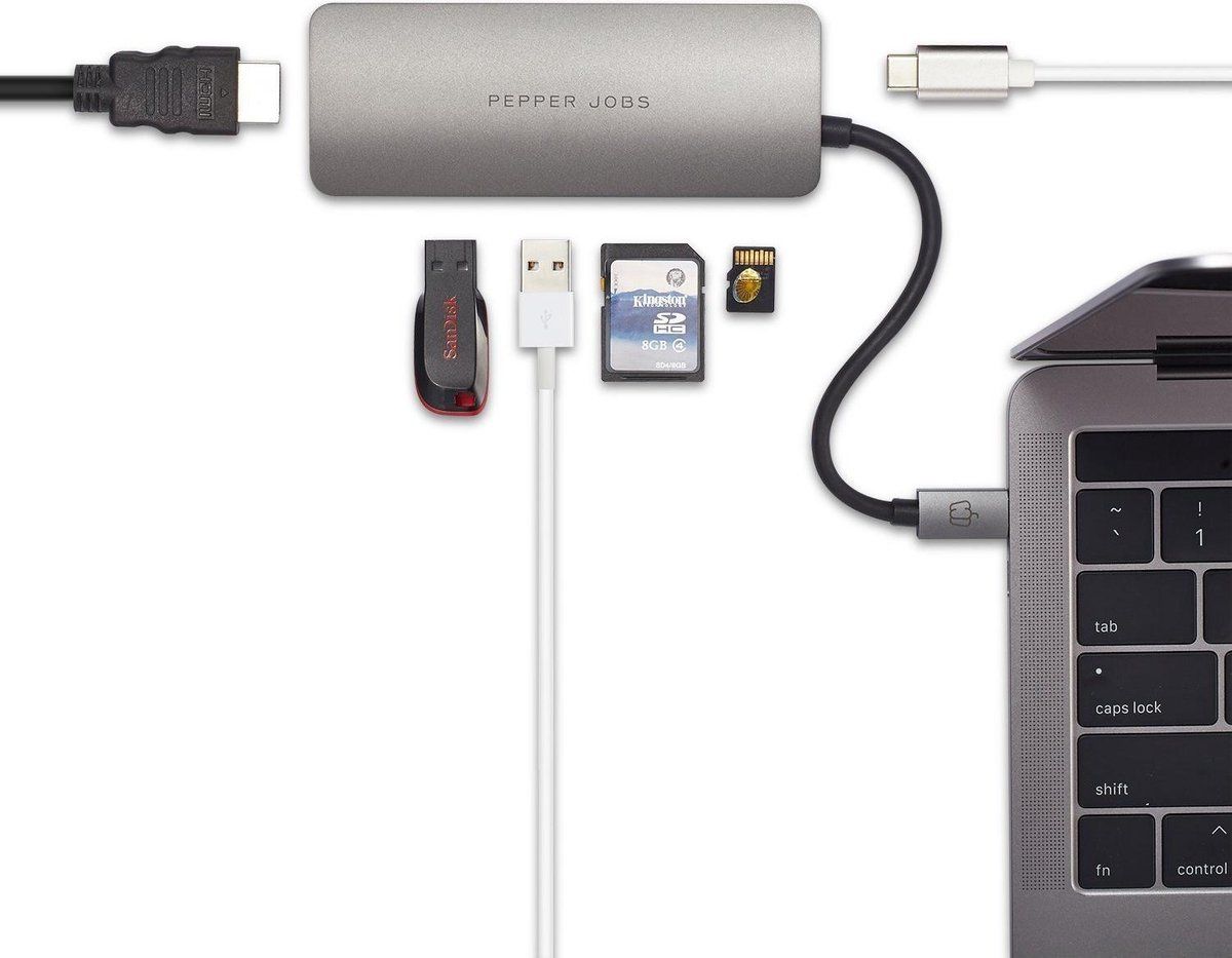 Pepper Jobs Tch-4 - 4-in-1 Usb-C Hub - 4K Hdmi Usb-A Sd/Tf Kaartlezer - Grijs