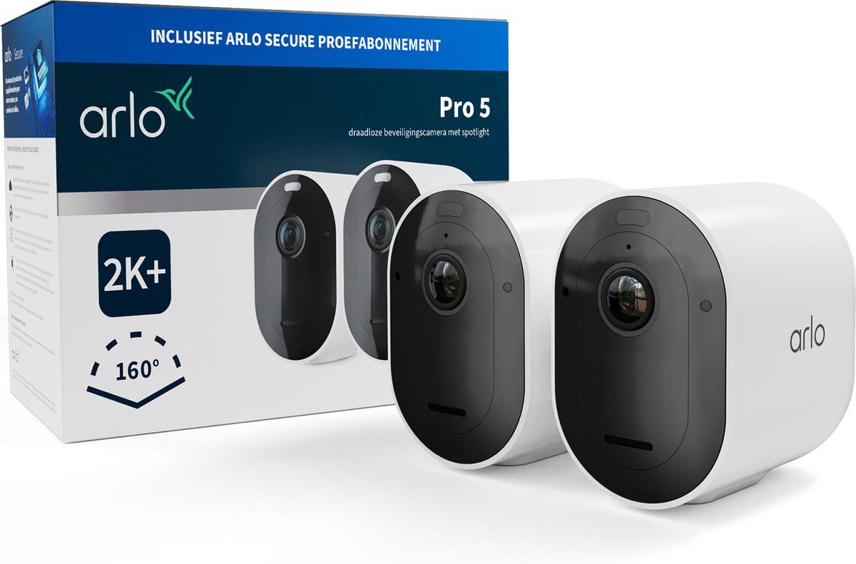 Arlo Pro 5 2K+ - Draadloze beveiligingscamera voor buiten - 2 IP-camera's met verbeterd kleurennachtzicht - Wit