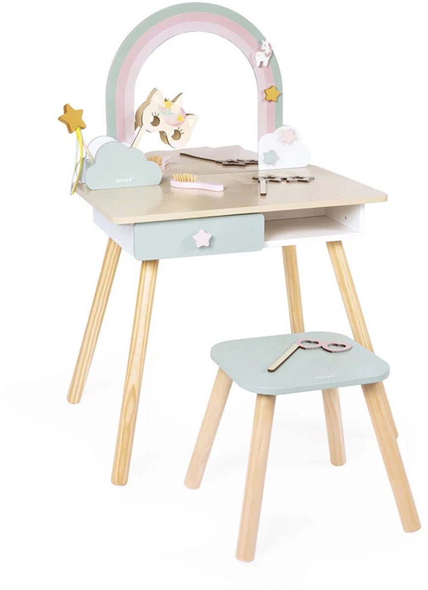 Janod Unicorn - Houten Kaptafel - 10 Accessoires - Met Geheim Luik