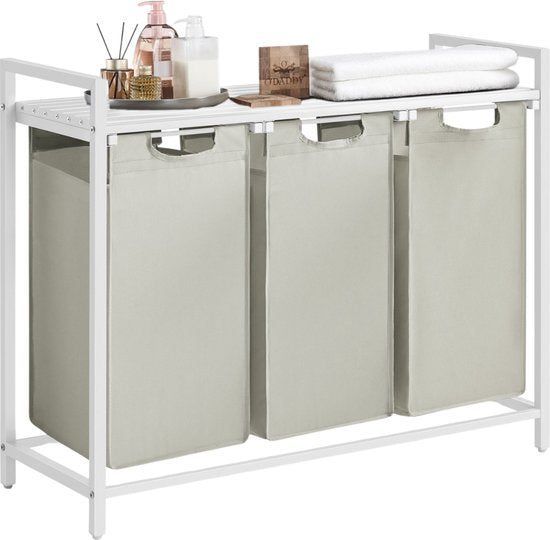 O'Daddy® Wasmand 3 Vakken - Uitschuifbare Wassorteerder Met Plank - 114 Liter - 92, 5 X 33 X 71 Cm - Wit