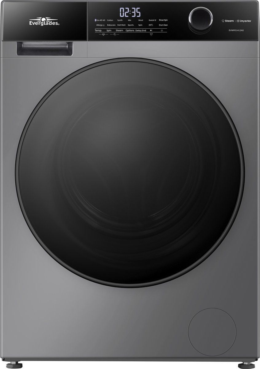 Everglades EVWM91412AG - Wasmachine - 9KG - A Klasse - Stoomfuncties/Allergie+ - Koolborstelloze Motor - Stil 72dB - Titanium Grijs