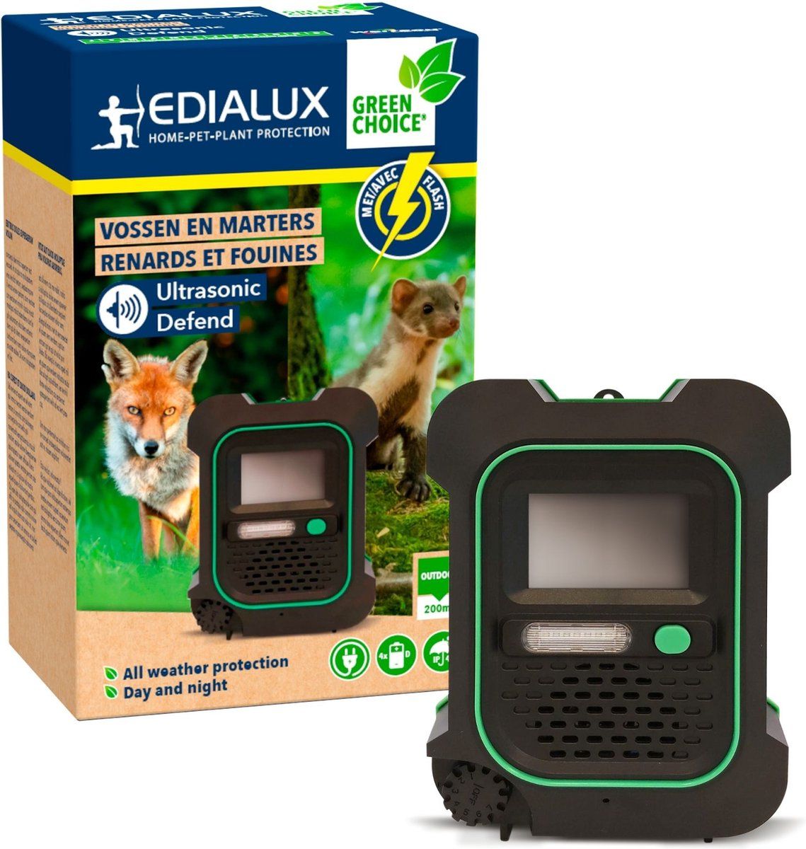 Edialux Ultrasonic Defend Vossen&Marters Flash, Ultrasone Vossen- En Marterverjager Met Flits, Bescherm Je Tuin Veilig En Effectief, Werkt Op