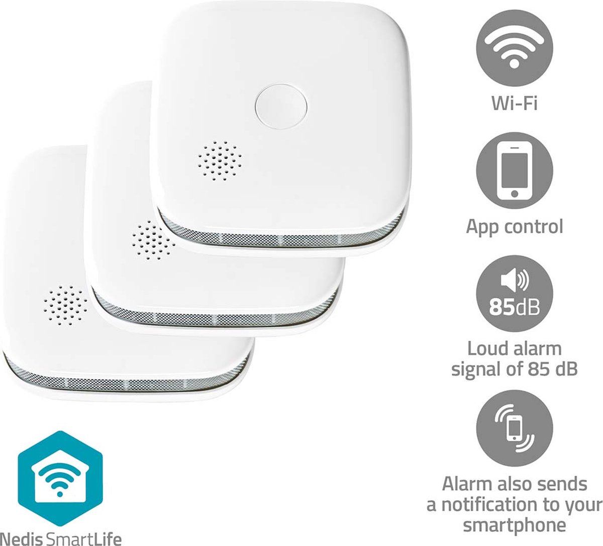 Nedis SmartLife Rookmelder - WiFi - 85 Db Alarm - Wit (3 Stuks)