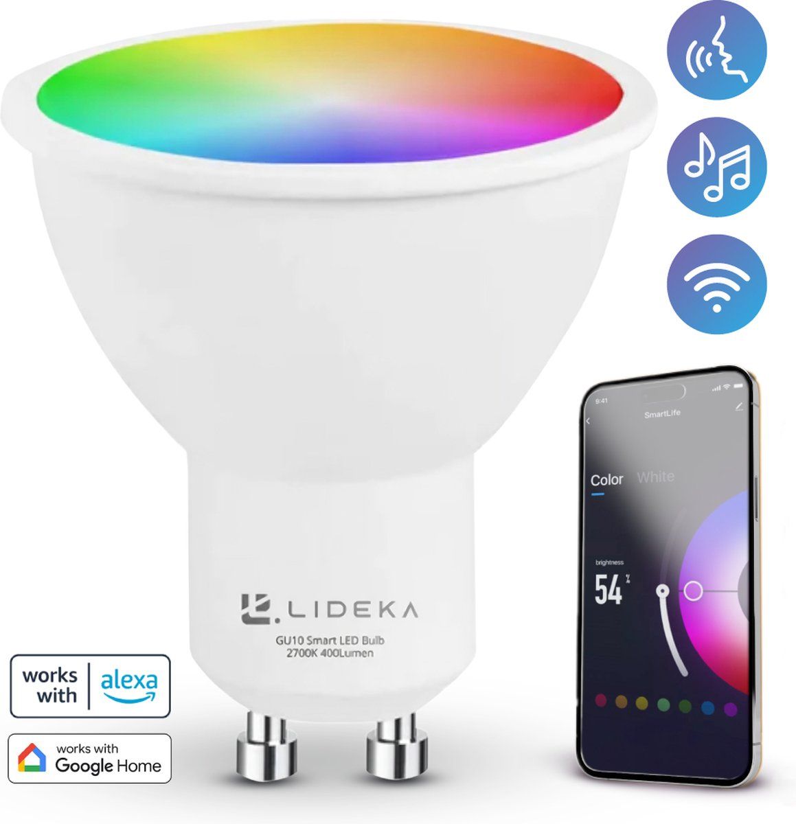 Lideka GU10 - LED Lamp Spot - RGBW Dimbaar - Smart Verlichting met App - 6W - 400 Lumen (1 stuk)