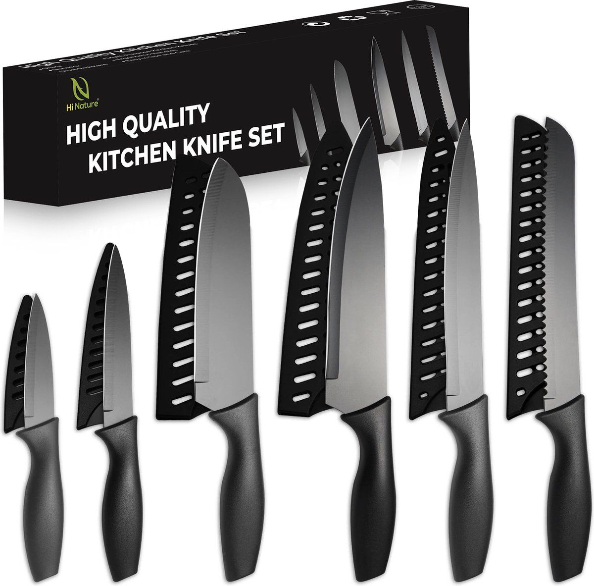 Hi Nature™ Messenset - 6-Delige Professionele Messenset Rvs Vaatwasserbestendig - Koksmes Zwart (6 Stuks)