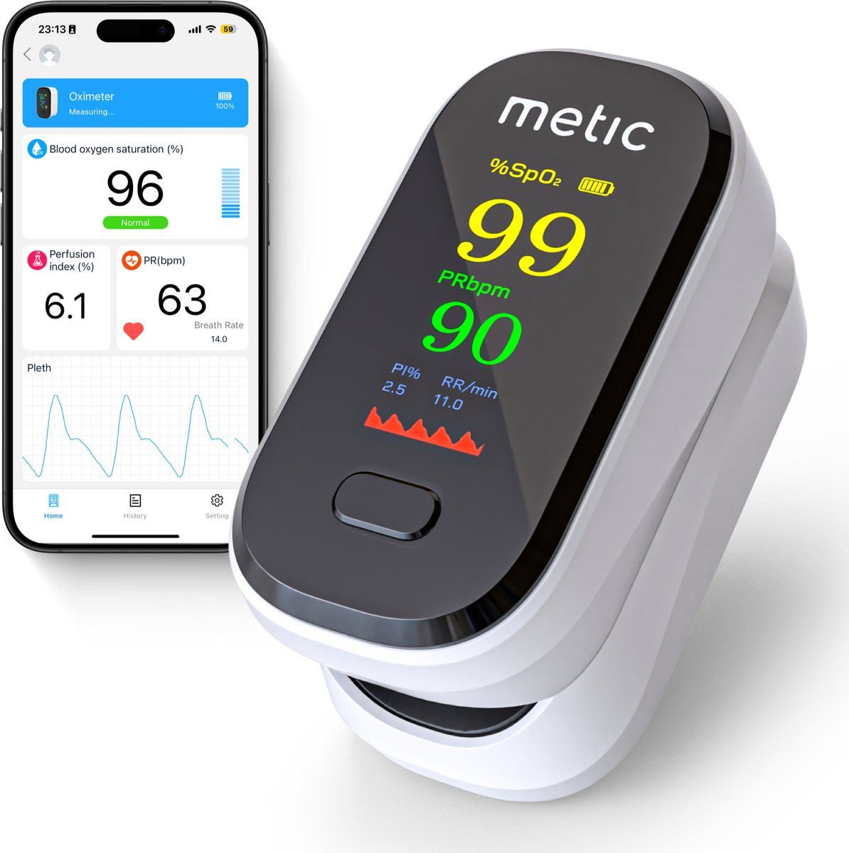 Onbekend Metic Saturatiemeter Met App - Zuurstofmeter Vinger - Incl. Batterijen - Met Koord - Best Getest - Oximeter - Saturatiemeters