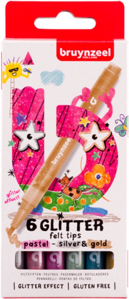 Bruynzeel Glitter Viltstiftenset - 6 Pastelkleuren Met Glittereffect - Geschikt Voor Kinderen (6 Stuks)