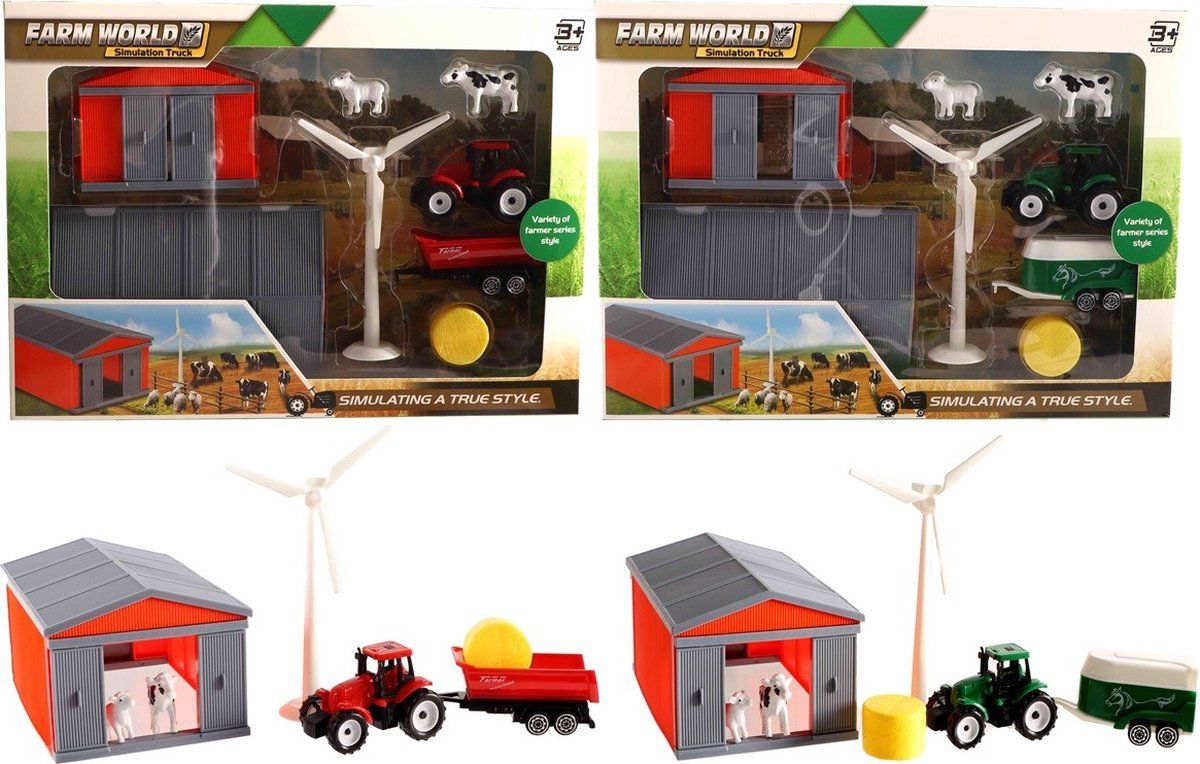 Jono Toys Tractor Boerderijset 7-delig - Boerenschuur, Tractor + Veewagen, Hooibaal, Windmolen, Koe, Schaap