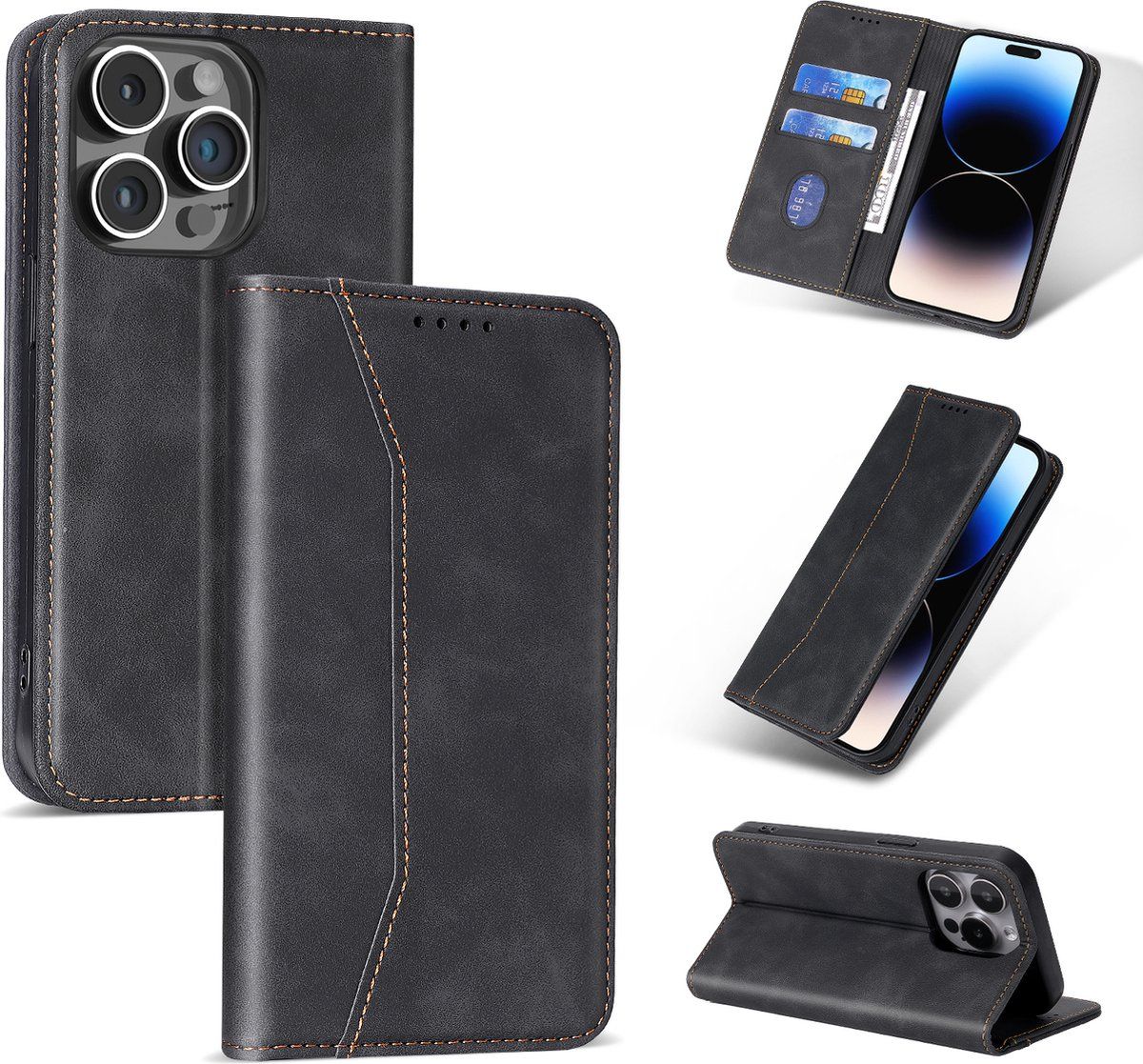 Podec IPhone 12 Pro Max - Hoesje Met Pasjeshouder - Anti-Shock Bookcase Cover - Zwart