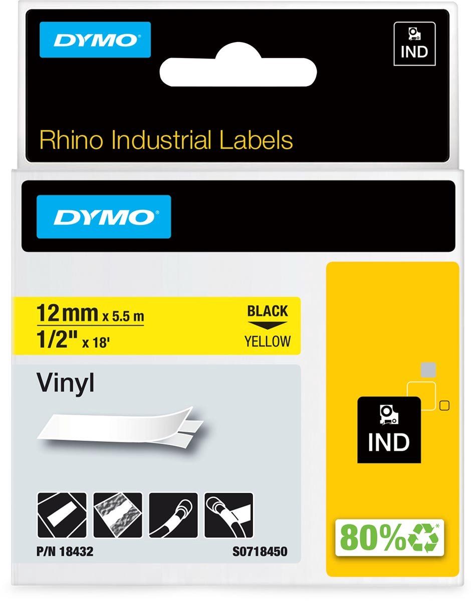 DYMO Rhino - Vinyl Labels - 12 mm x 5,5 m - zwart op geel