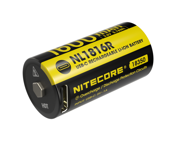 Nitecore Li-Ion NL1816R 18350 batterij, met USB-C oplaadpoort, 3.6V 1600mAh