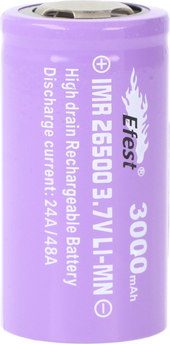 Efest IMR 26500 Li-Ion 3.6V - 3.7V 3000mAh met positieve pool plat, let op afmetingen 50.07x26.26mm