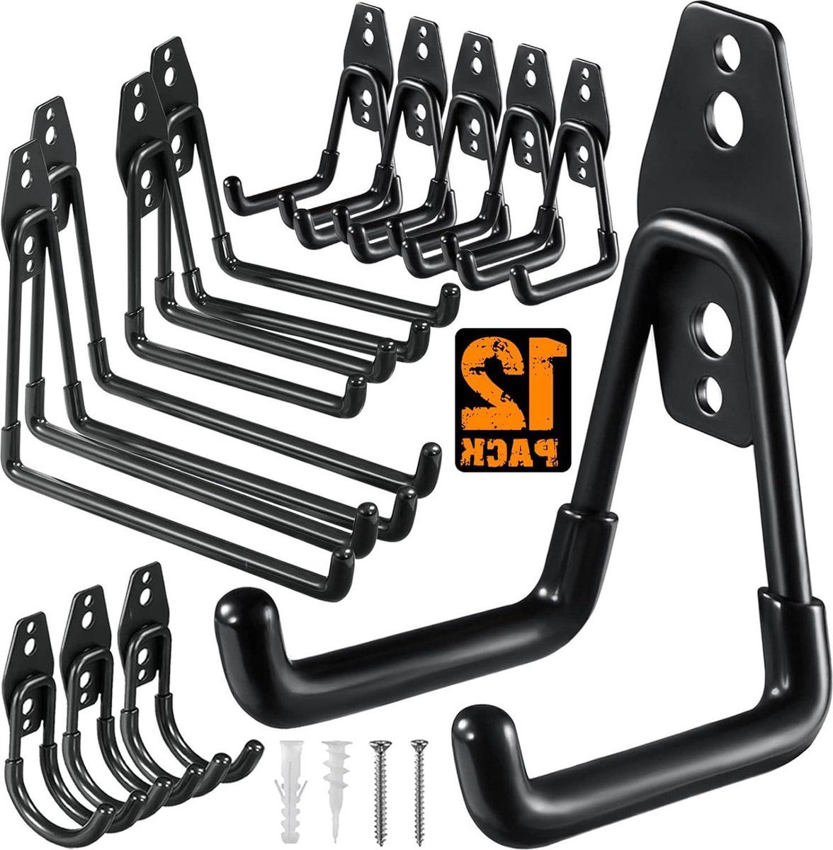 Heavy Duty Utility Steel Wall Mounted Garage Storage Hooks - 12 Pack, Organizer for Organizing Power Tools, Ladders, Bulk Items, Bikes