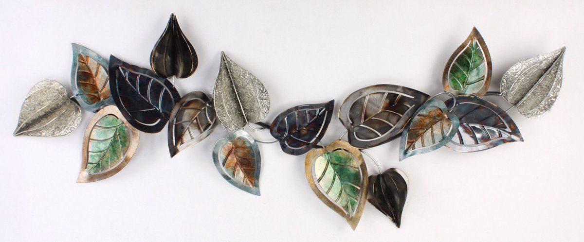 Artishoque Foglia - Wanddecoratie - Metalen Tak Met Bladeren - Brons Antraciet Zilver Groen - 130x55 Cm