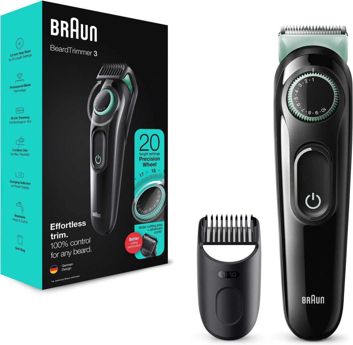 Braun Baardtrimmer 3 BT3323 - Trimmer met 20 lengte-instellingen - Zwart/groen