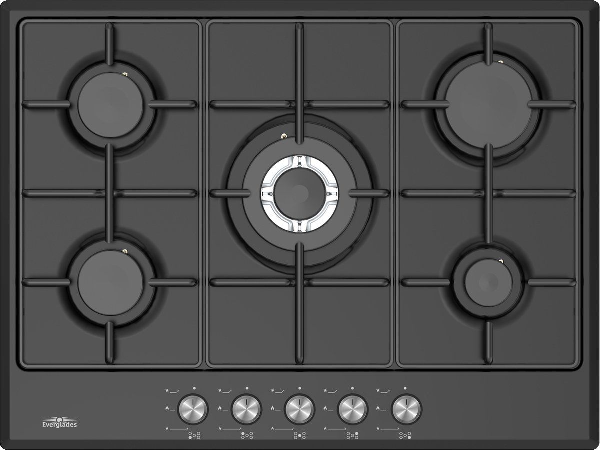 Everglades EVBI8512 - Inbouw Gaskookplaat - 5 Pits - Wokbrander - Mat Zwart - 60cm Nis