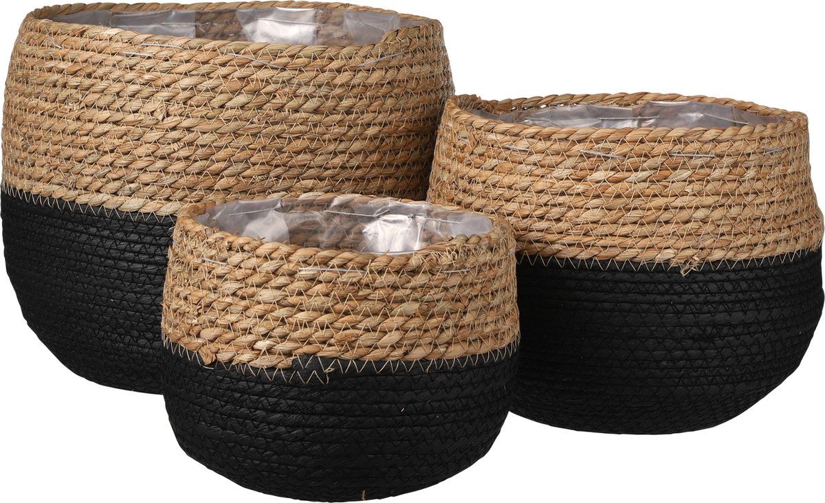 Mica Decorations Jorck Plantenmand - Set van 3 - Handgemaakt met plastic liner - Zwart (set van 3)