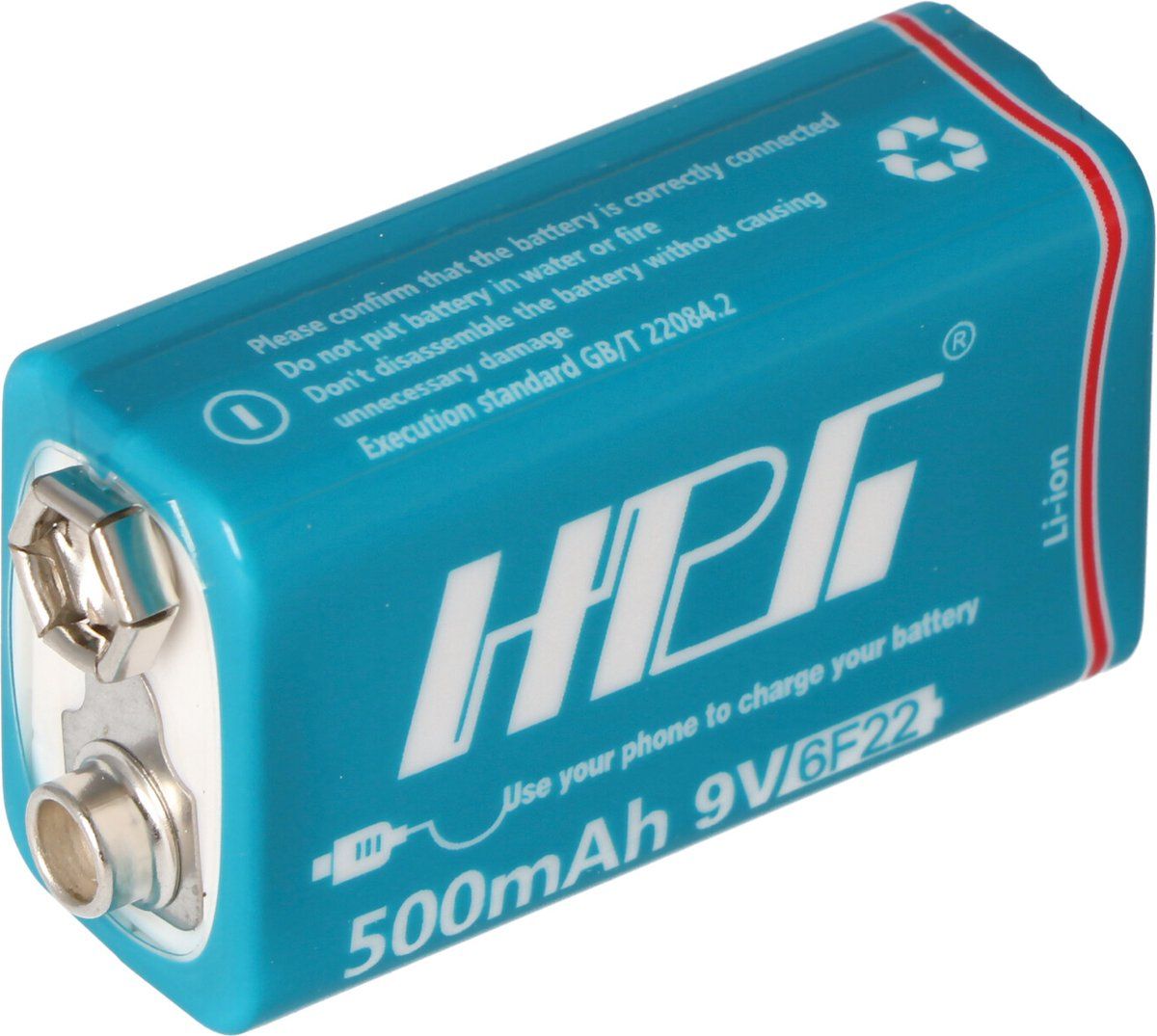 Ronde cel 9V-USB, Li-ion, 7.4V, 500mAh, 3.7Wh, met USB-oplaadaansluiting