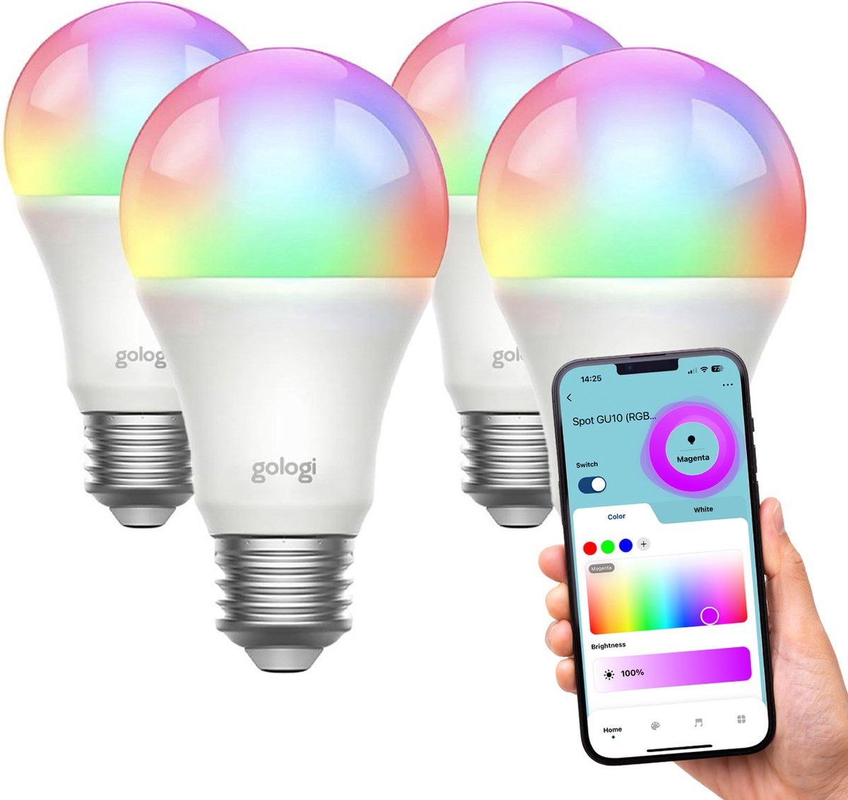 Gologi E27 Led Bulb - Smart WiFi - Dimbaar - Rgb+Cct - 700 Lumen (4 Stuks)