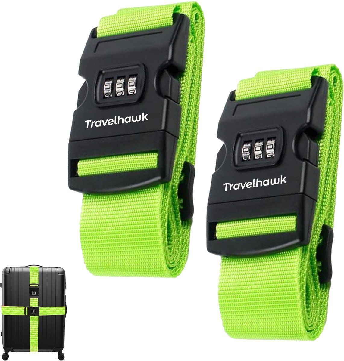 Travelhawk Kofferriem Met Cijferslot - 2 Stuks - Bagageriem - Kofferriemen - Verstelbaar - 180 Centimeter - Extra Beveiliging - Reizen - Groen