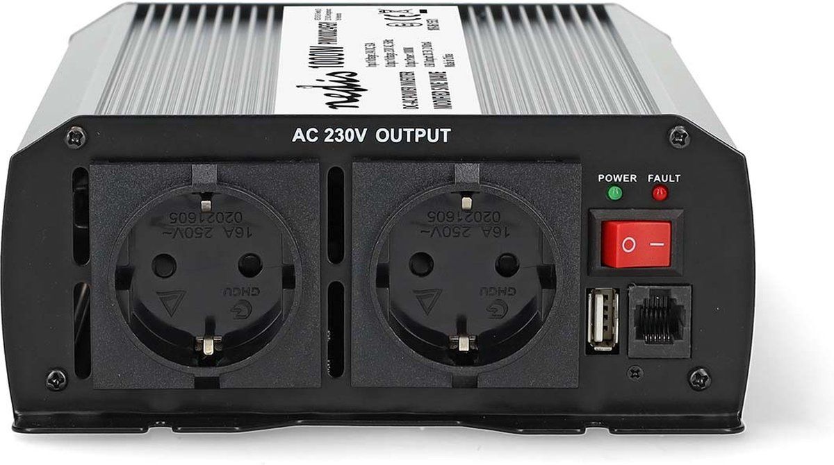 Nedis Omvormer 1000W - Spanningsomvormer 24V Naar 230V - 2x Stopcontact&1x Usb - Zilver