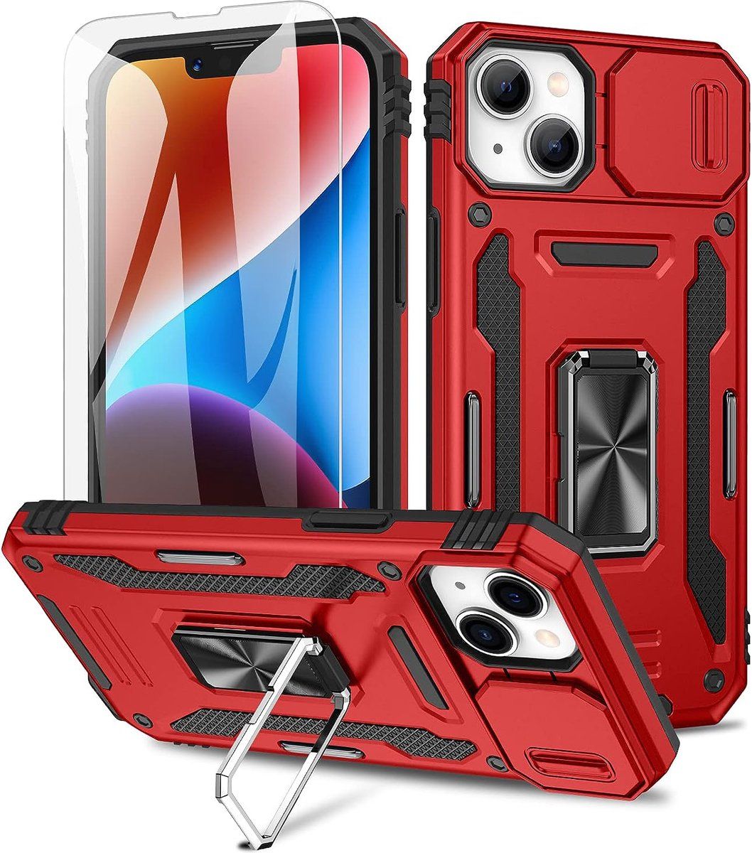 Podec IPhone 14 - Telefoonhoesje - Anti-Shock Case Met Kickstand En Screenprotector - Rood