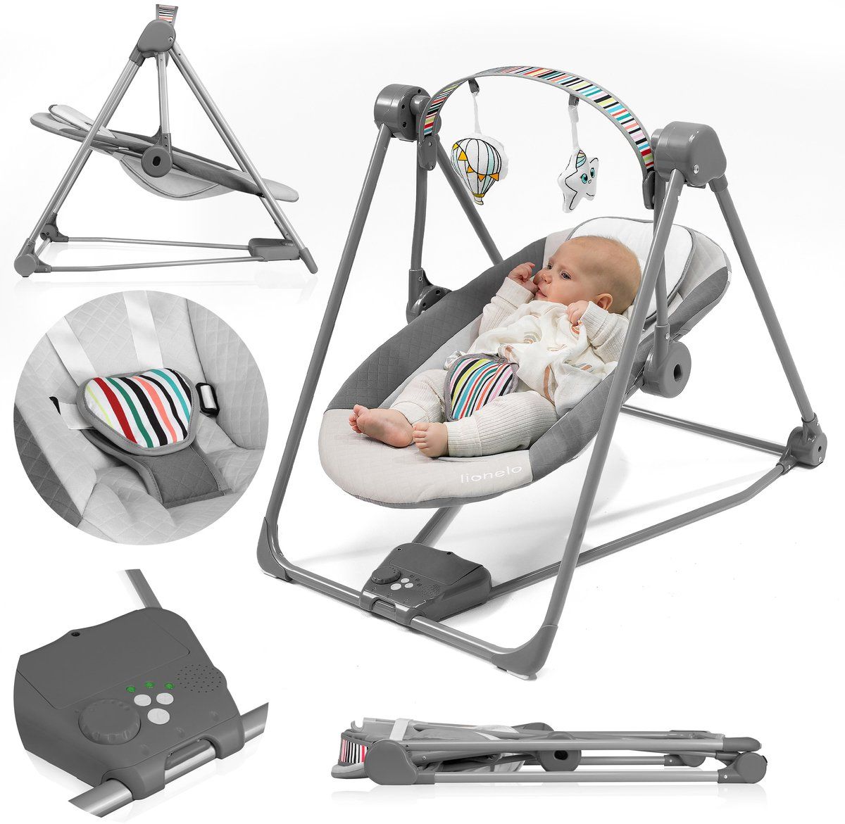 Lionelo Otto Wipstoel - Tot 9 kg - 5 Schommelsnelheden - Timer - Speelboog - Geluiden - Inklapbaar - Grijs