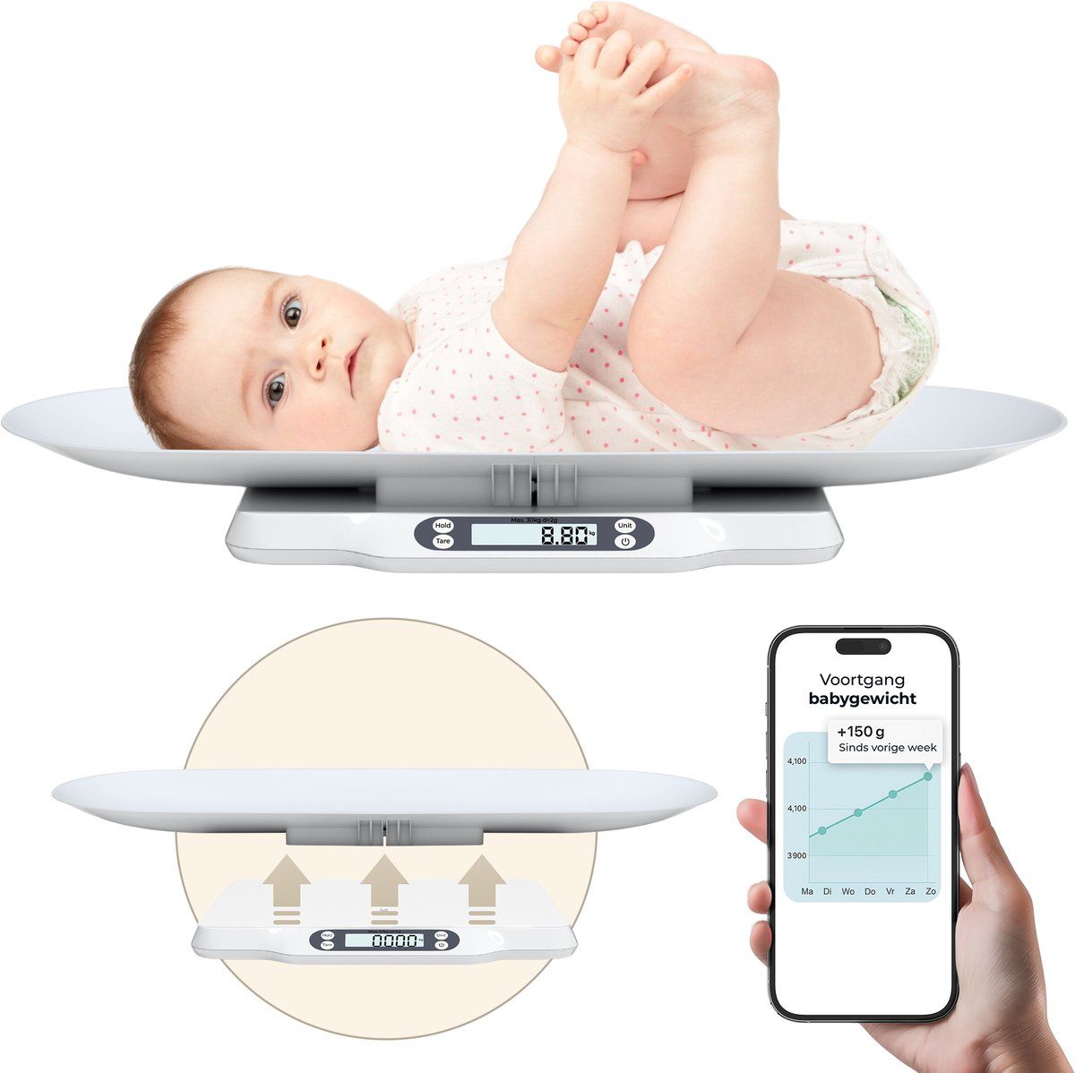 Gatson Babyweegschaal - 3-in-1 - Tot 30kg - Bluetooth App - Inclusief Meetlint