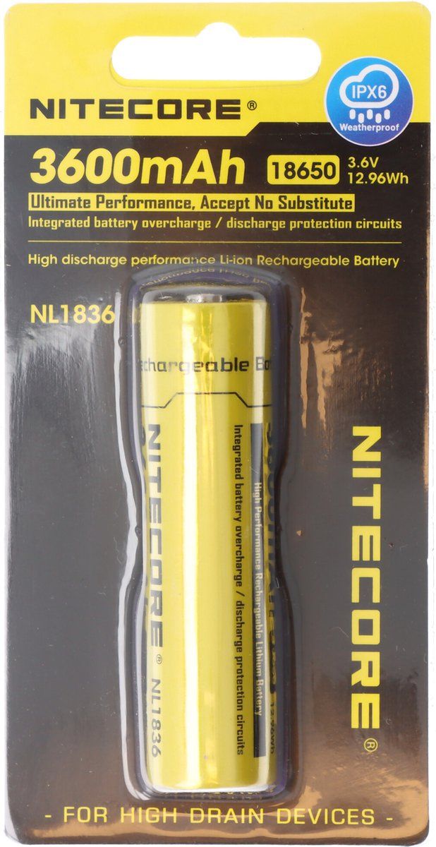 Nitecore Li-Ion batterij type 18650 met 3600mAh NL1836 met beveiligingscircuit, 69,8mm x 18,6mm