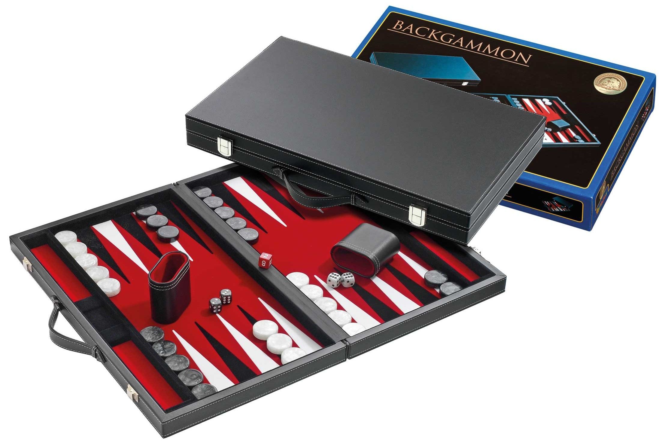 Backgammon - 46 cm - Zwarte kunstlederen koffer met marmer-look stenen - Bruin