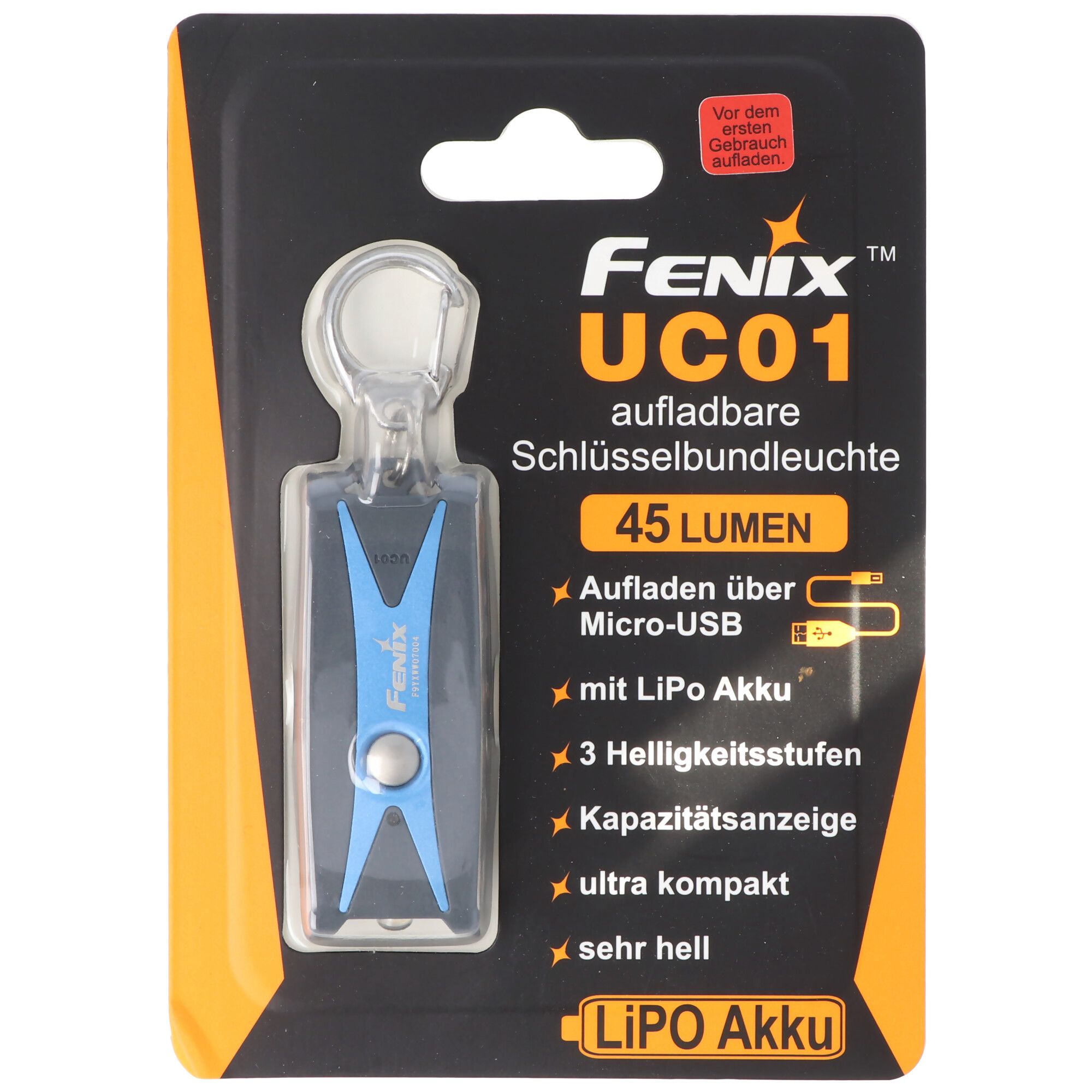 Fenix UC01 LED-zaklamp in een blauwe behuizing, sleutelhangerlicht met batterij en USB-oplaadfunctie