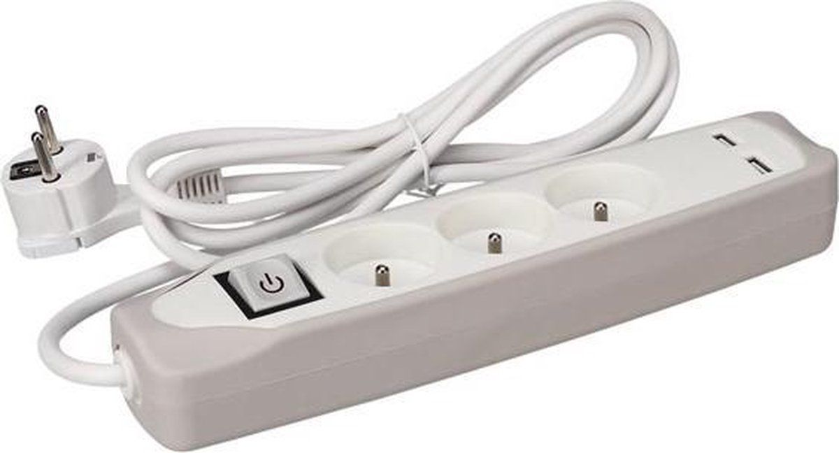 Perel Stekkerdoos - 3 stopcontacten type E met 2 USB-poorten - 1.5 m kabel wit